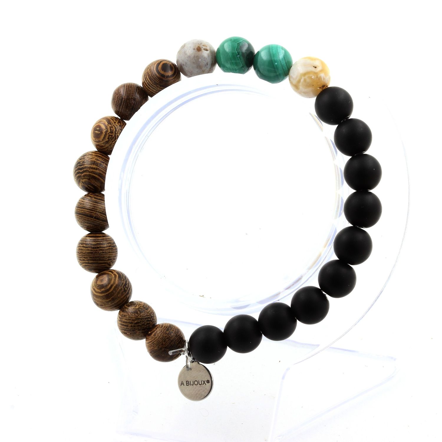 Malachite + Bamboo Leaf Agate + Matte Black Onyx + Wood Bracelet