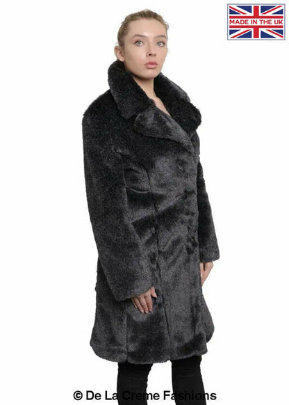 De La Creme - Womens Faux Fur Large Lapel Mid Length Coat