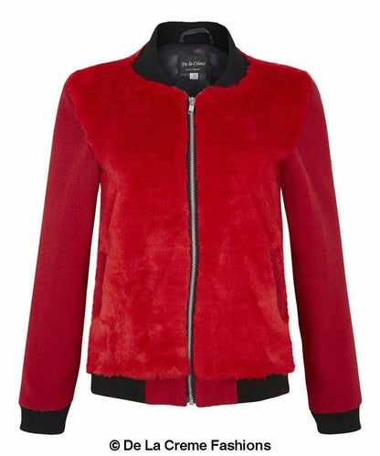 De La Creme - Womens Faux Fur Zip-Thru Varsity Bomber Jacket