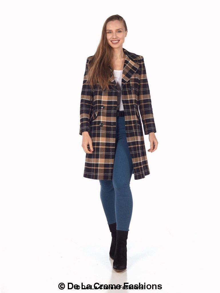 Wool Blend Tartan Check Double Breasted Coat