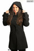 Womens Wool Feel Double Breasted Hooded Coat in black, front view.