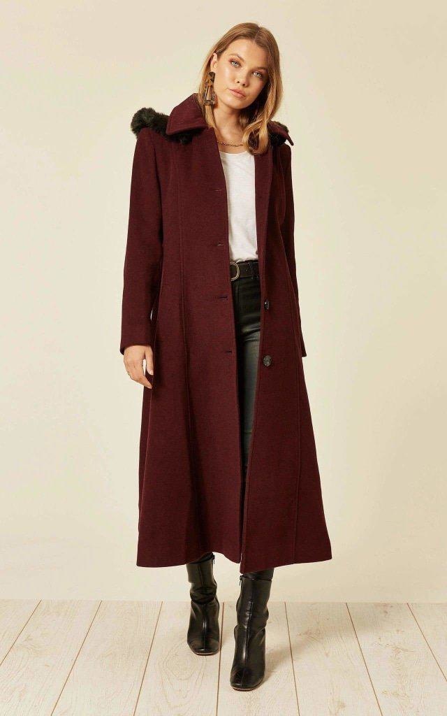 Wool Blend Faux Fur Trim Hooded Long Coat