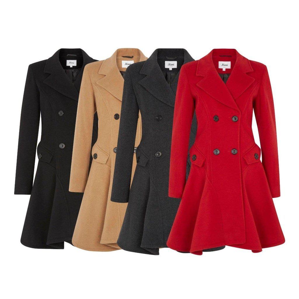 Wool Blend Double Breasted Skater Coat in multiple colors with A-line shape and pockets.