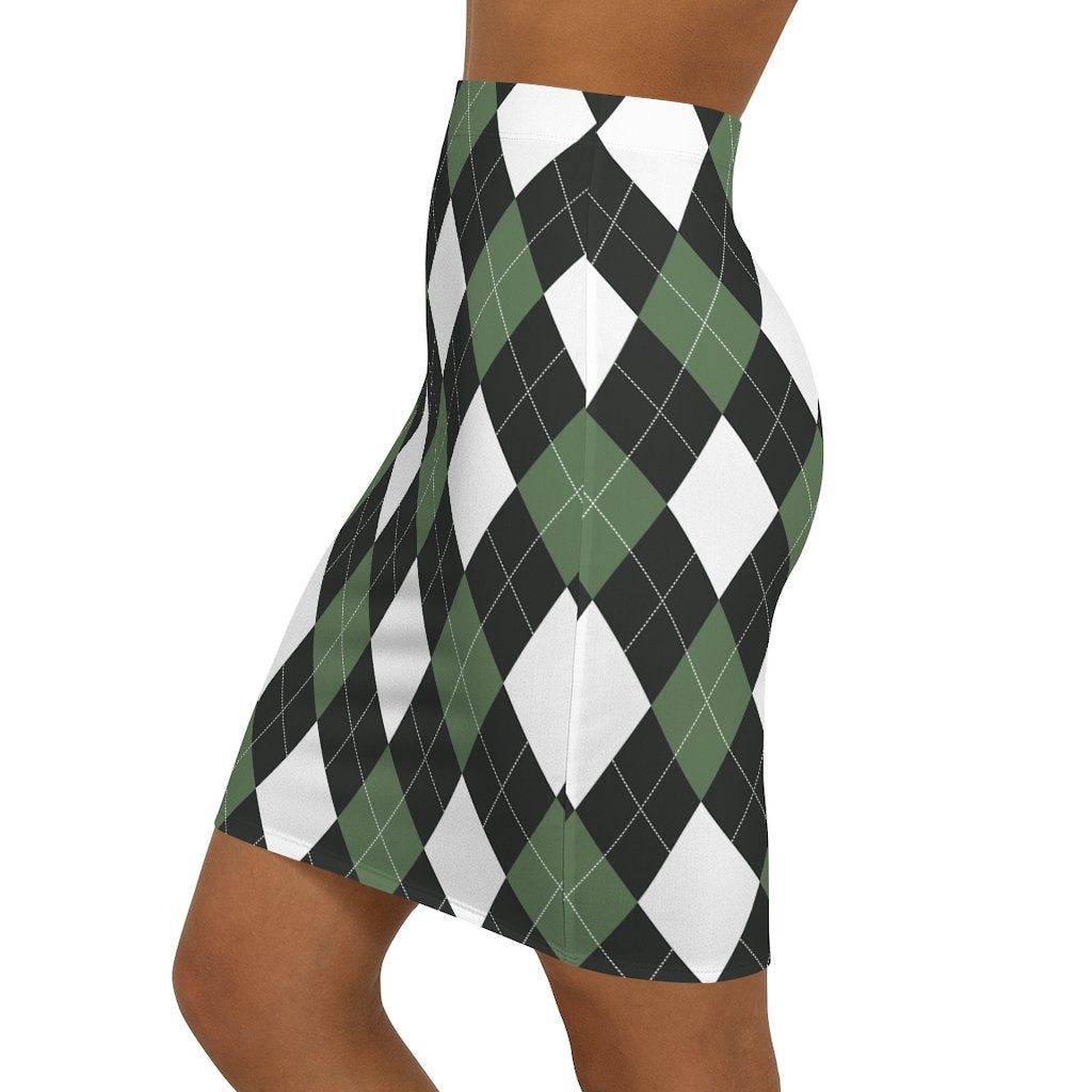 Womens Pencil Skirt, Green and White Argyle Stretch Mini