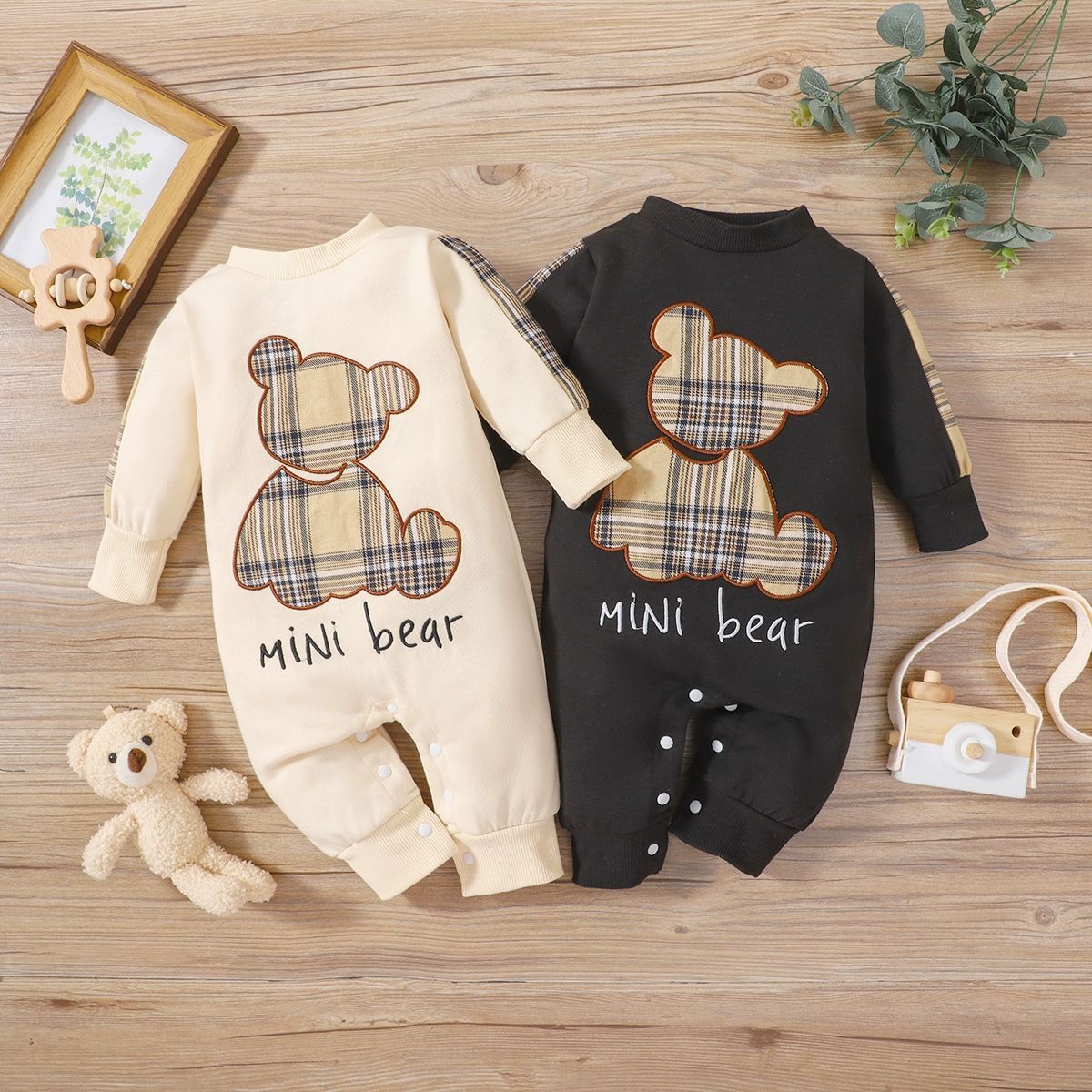 Plaid Patch Bear Long Sleeve Overalls