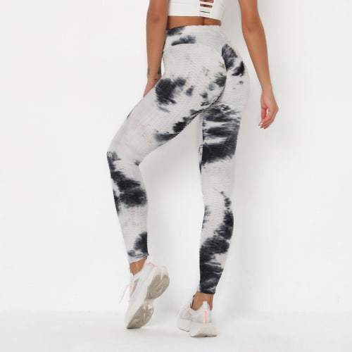 Textured Ruched Bum Gym Leggings - White with Blue/Black.