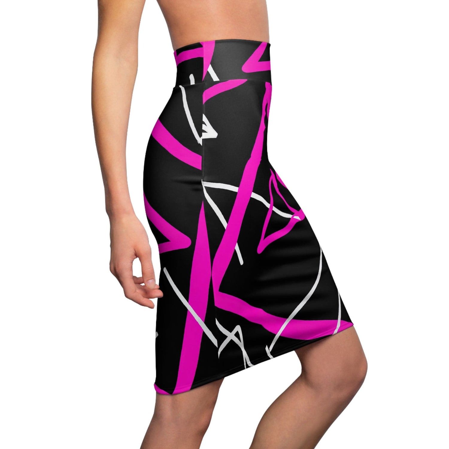 High Waist Womens Pencil Skirt - Contour Stretch - Black and Pink