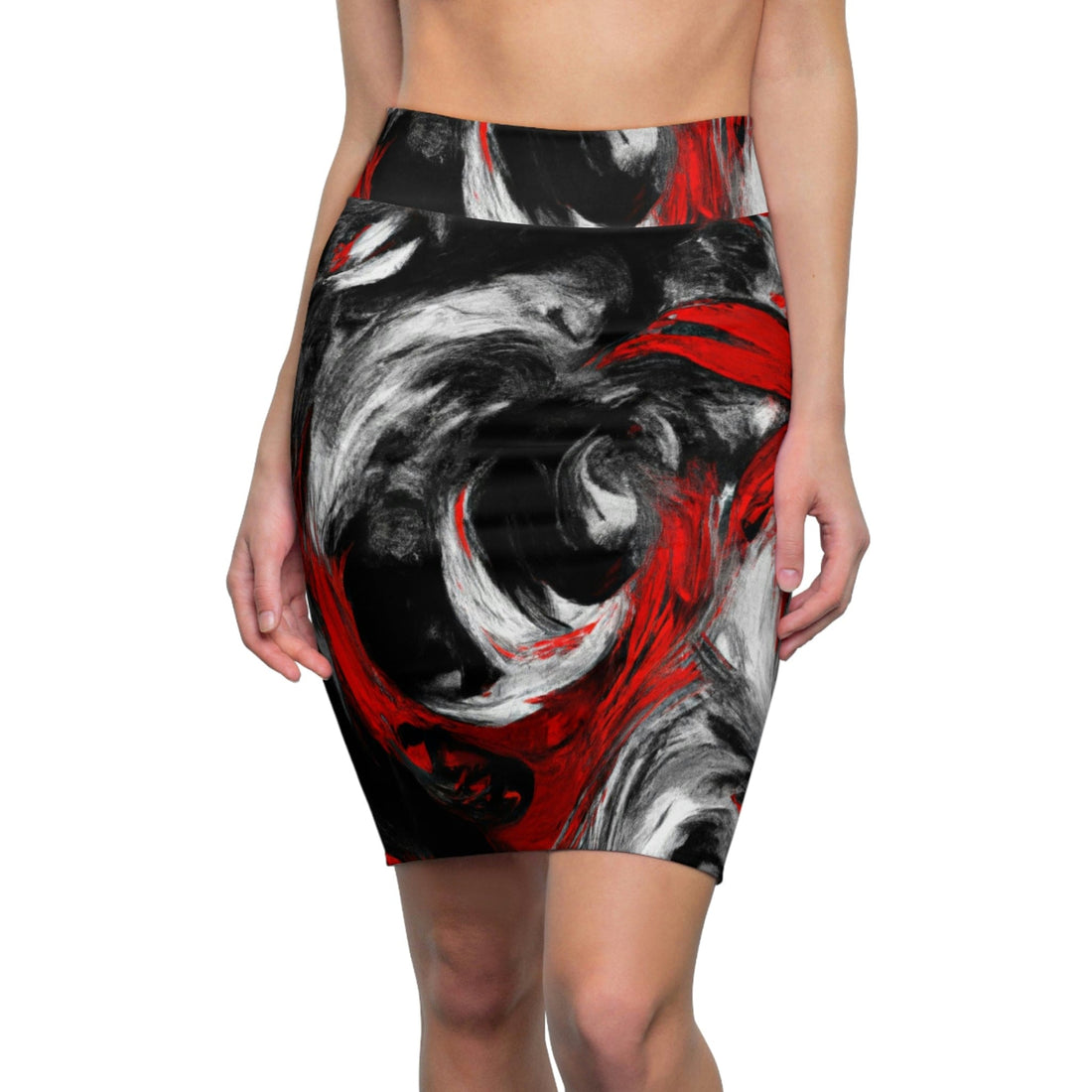 High Waist Womens Pencil Skirt - Contour Stretch, Decorative Black Red