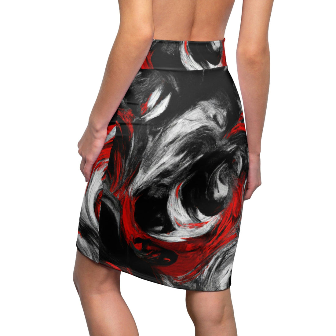 High Waist Womens Pencil Skirt - Contour Stretch, Decorative Black Red