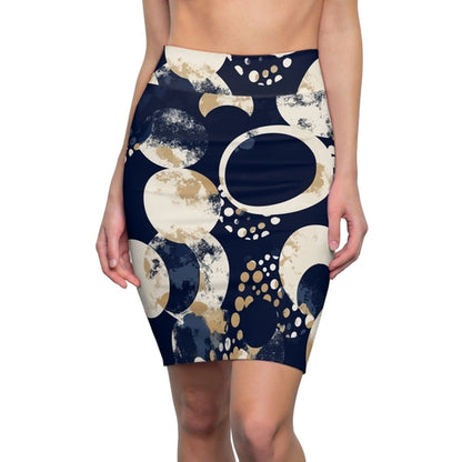 High Waist Womens Pencil Skirt - Contour Stretch - Navy Blue and Beige