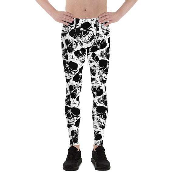 Mens Leggings - Black and White Skull Leggings