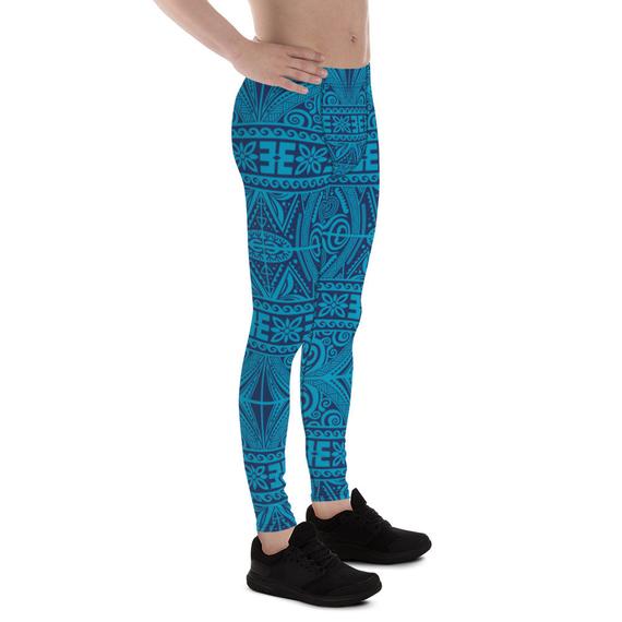 Mens Leggings - Blue Tribal Maori Tattoo Leggings