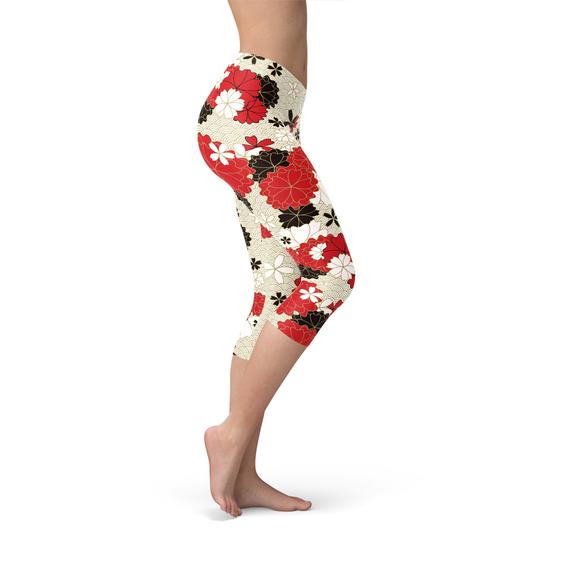 Womens Japanese Cherry Blossom Capri Leggings