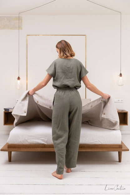 Safari green linen / Natural Linen Pajama set / Linen loungewear /