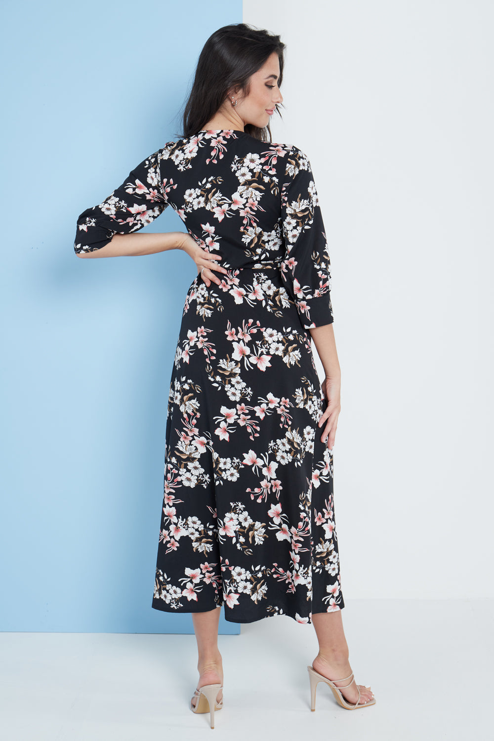 Midi Wrap Dress in Black Floral Print