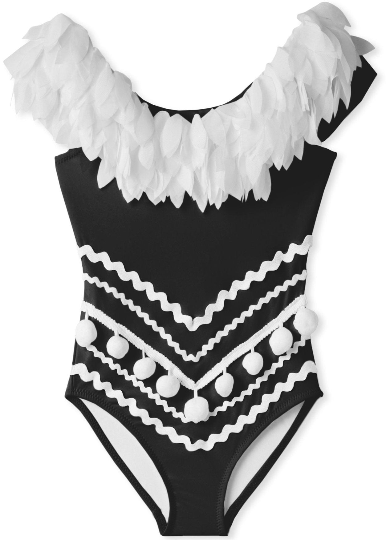 Black Draped Swimsuit with Petals &amp; Pom Poms