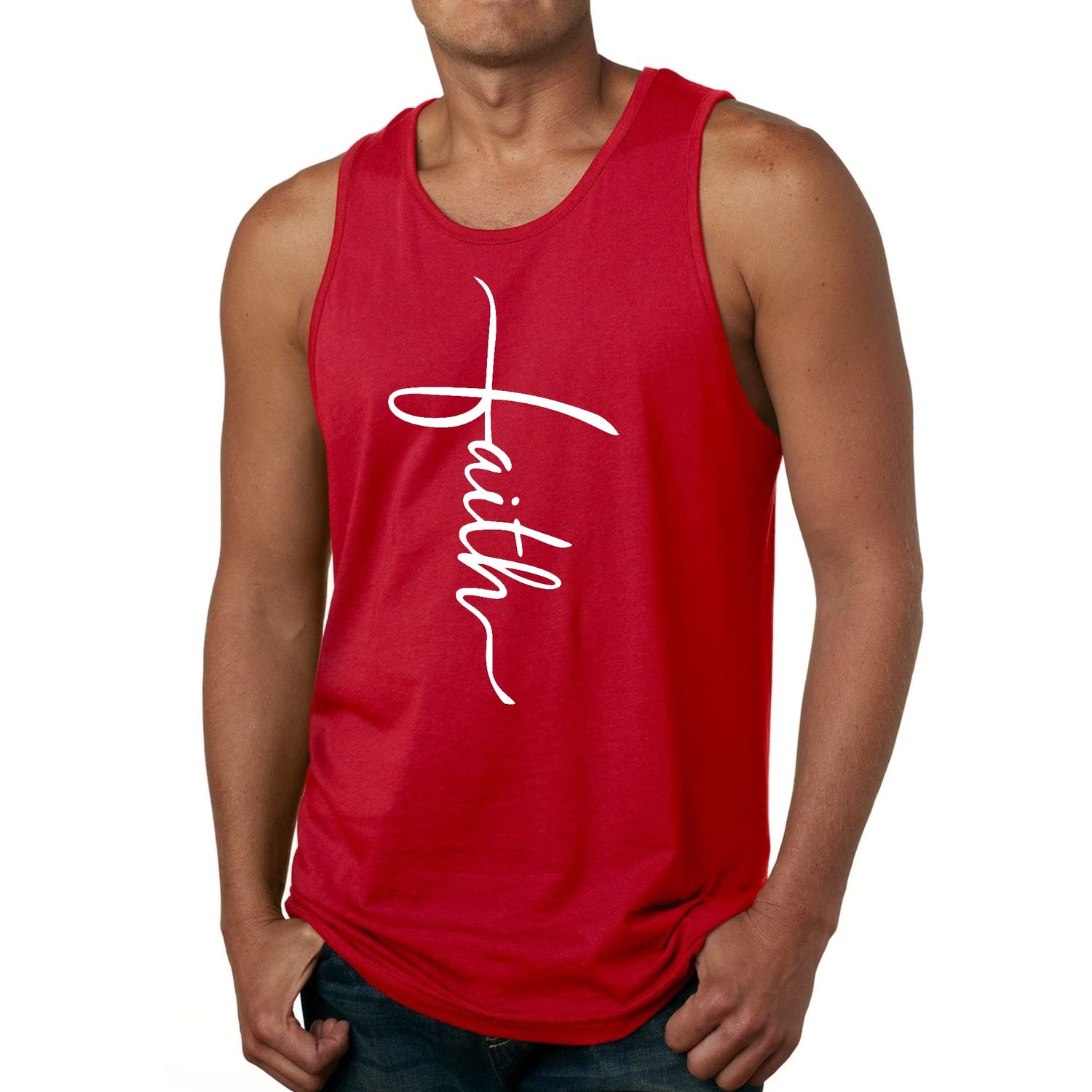 Mens Fitness Tank Top Graphic T-shirt Faith Script Cross Illustration