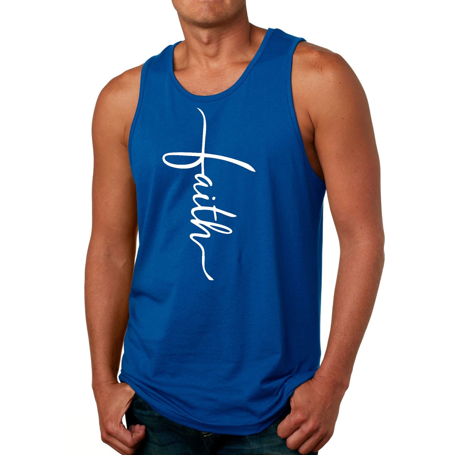 Mens Fitness Tank Top Graphic T-shirt Faith Script Cross Illustration