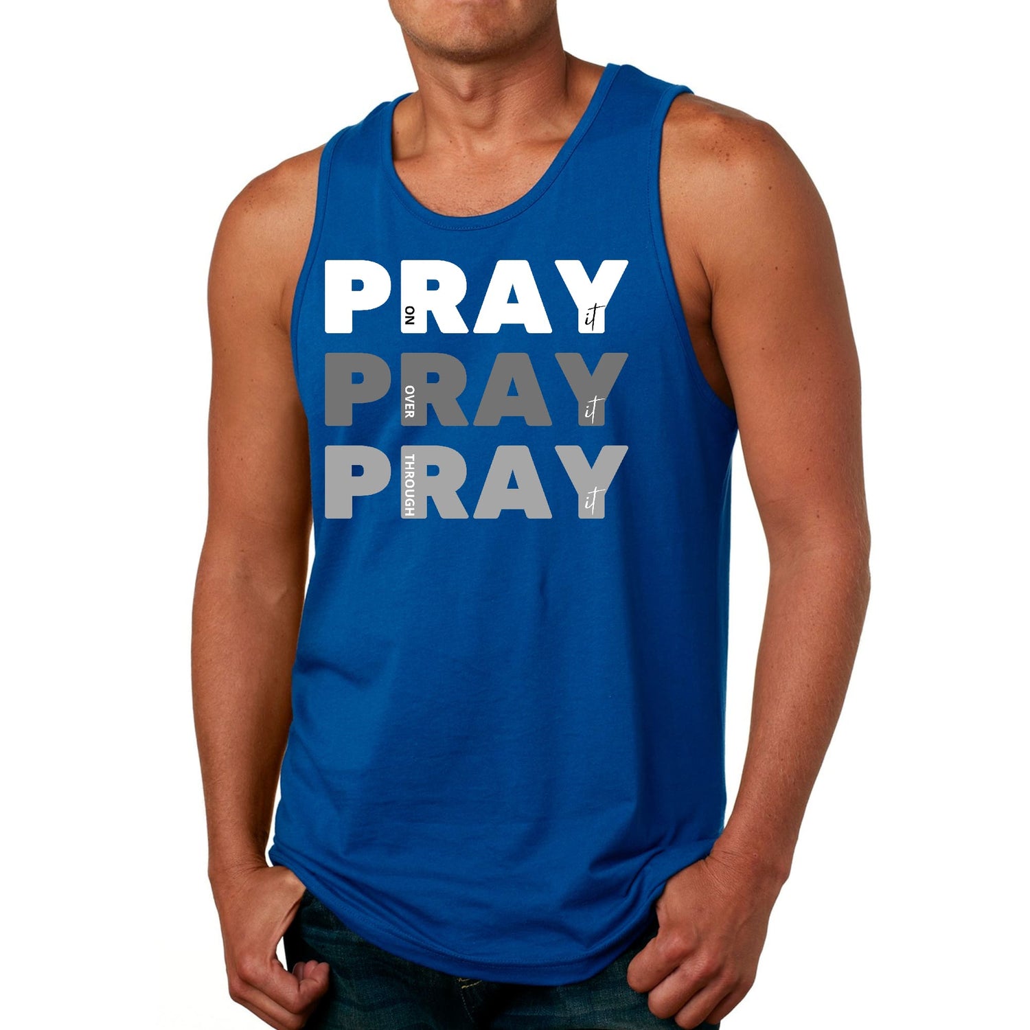 Mens Fitness Tank Top Graphic T-shirt Pray on it Over it Through