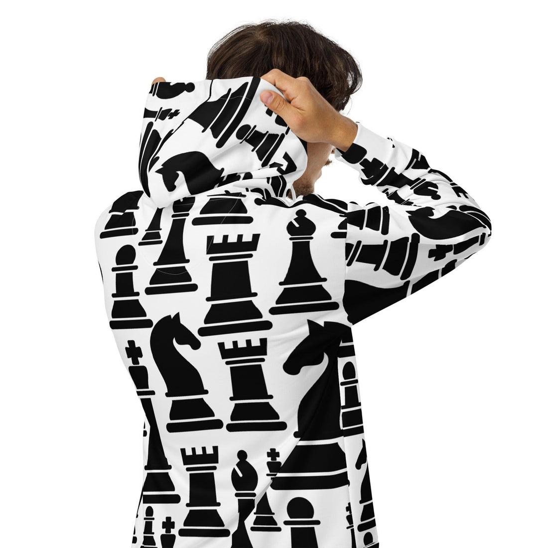 Mens Full Zip Graphic Hoodie, Black and White Chess Print