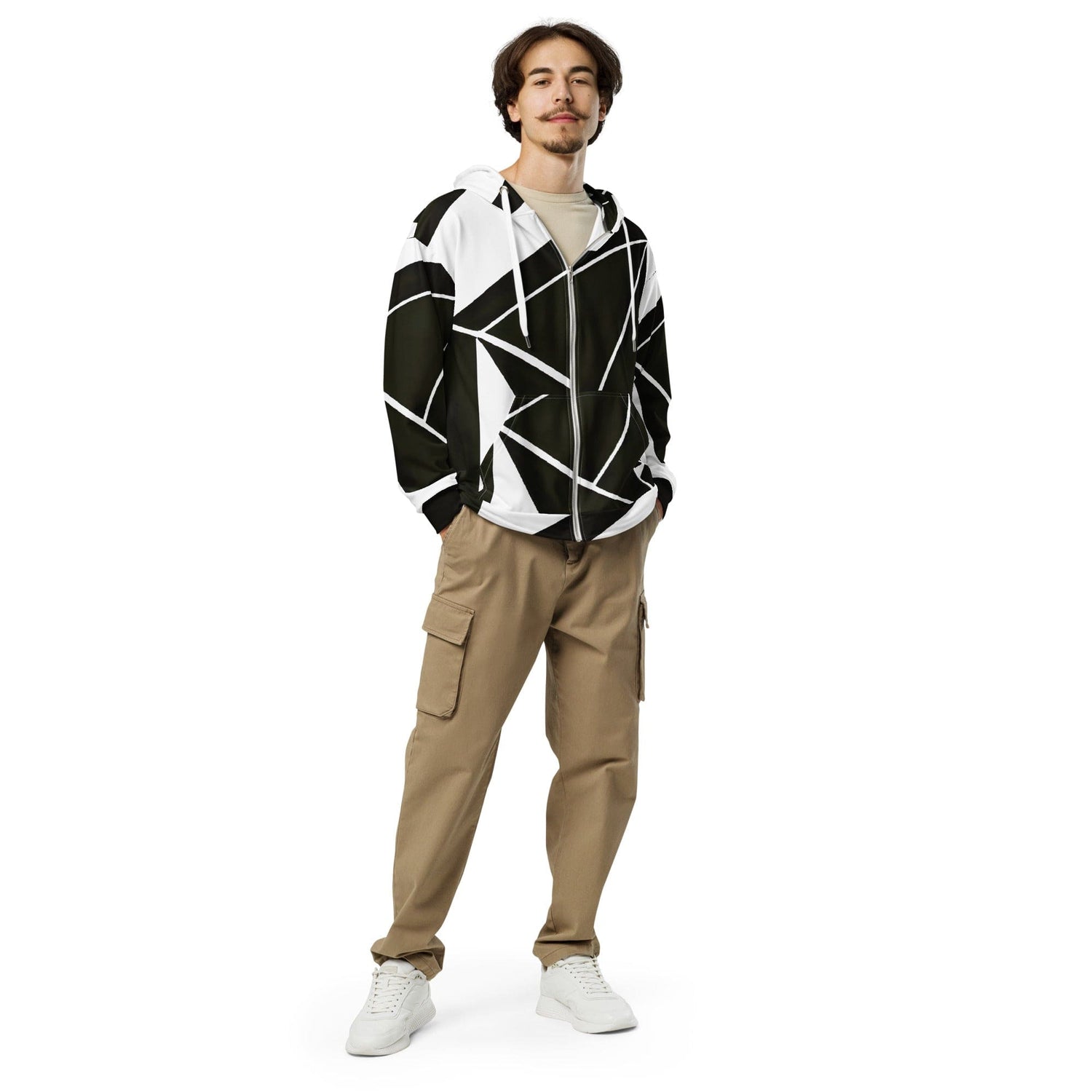 Mens Full Zip Graphic Hoodie, Black and White Geometric Pattern