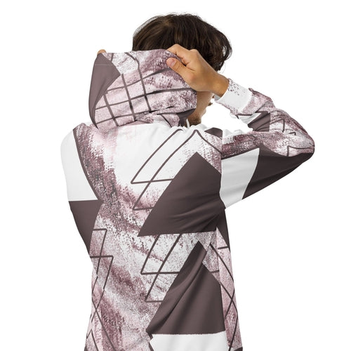 Mens Full Zip Graphic Hoodie, Mauve Rose and White Triangular