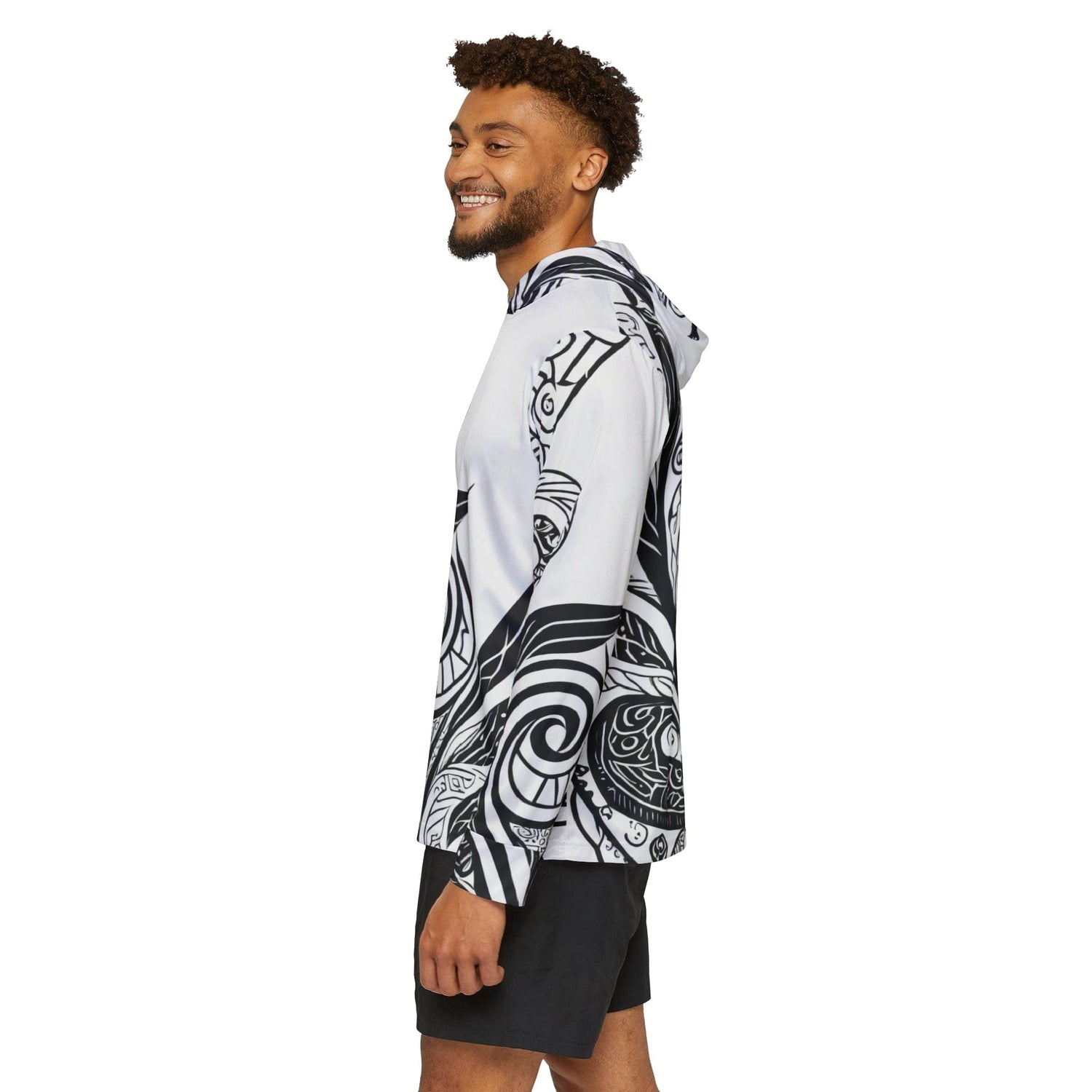 Mens Sports Performance Graphic Hoodie - Floral Black Line Art Print