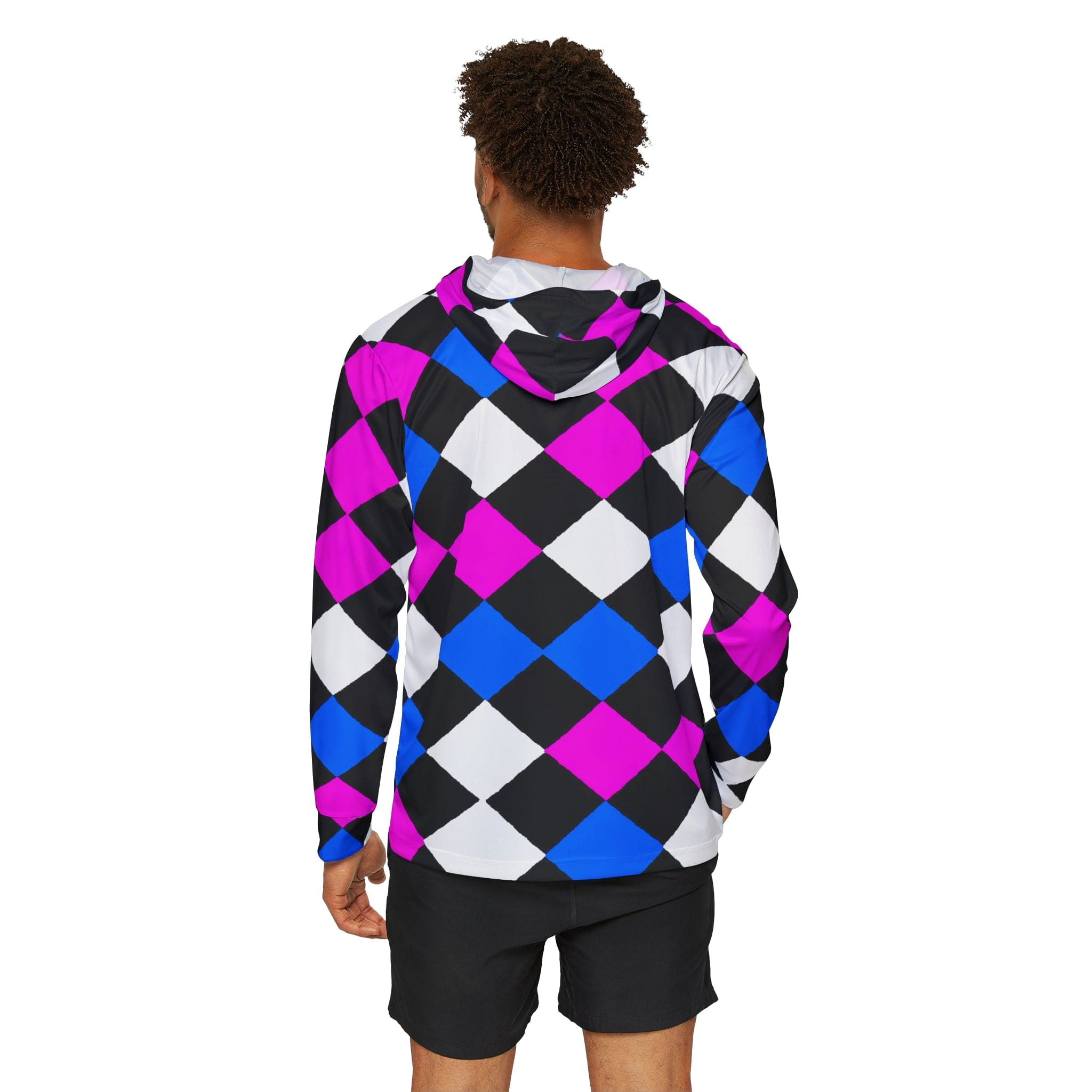 Mens Sports Performance Graphic Hoodie - Pink Blue Checkered Pattern