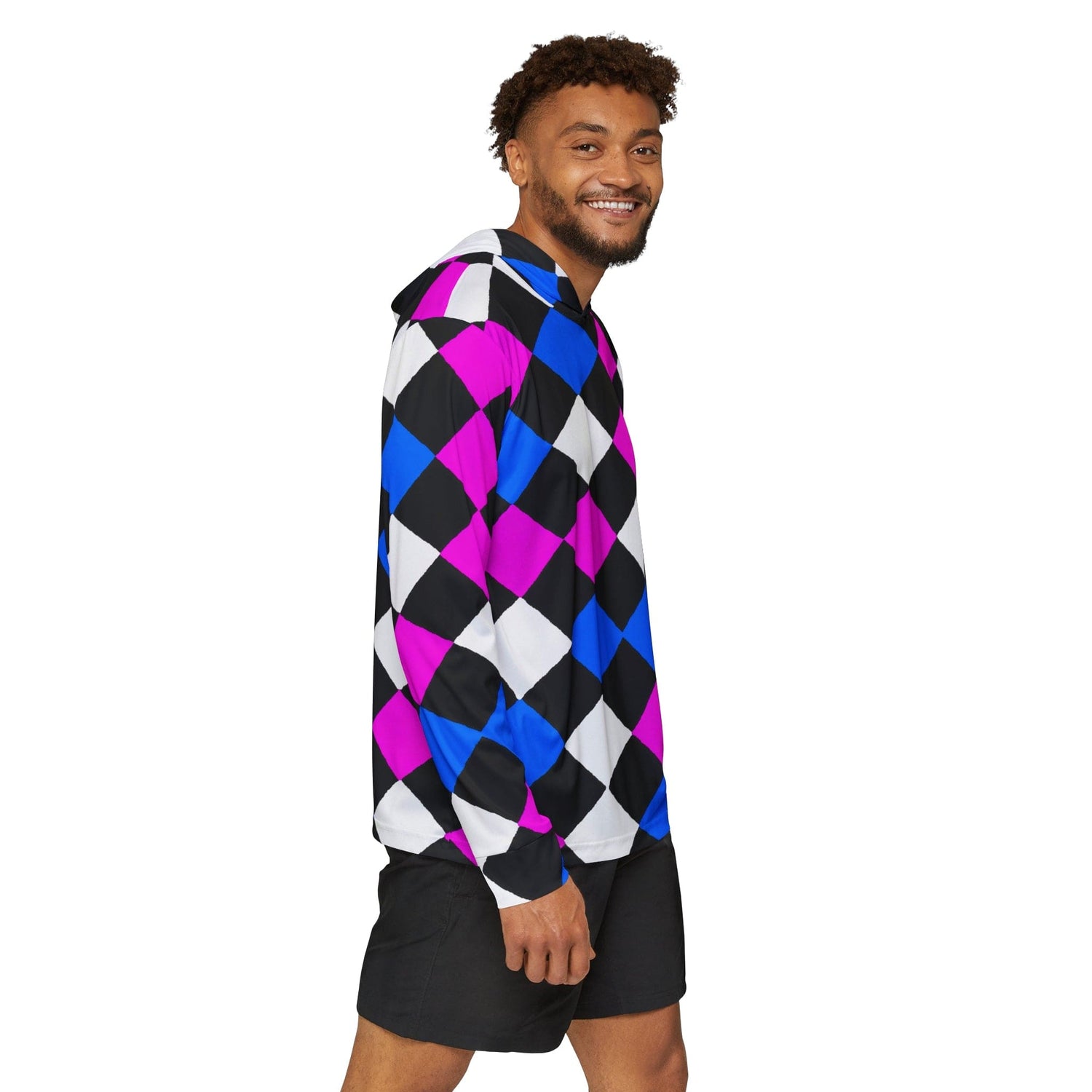 Mens Sports Performance Graphic Hoodie - Pink Blue Checkered Pattern