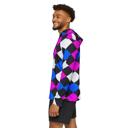 Mens Sports Performance Graphic Hoodie - Pink Blue Checkered Pattern