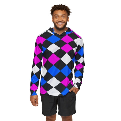 Mens Sports Performance Graphic Hoodie - Pink Blue Checkered Pattern