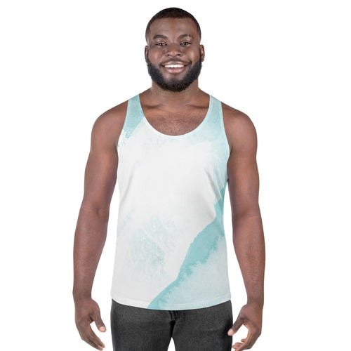 Mens Stretch Fit Tank Top, Subtle Abstract Ocean Blue and White Print