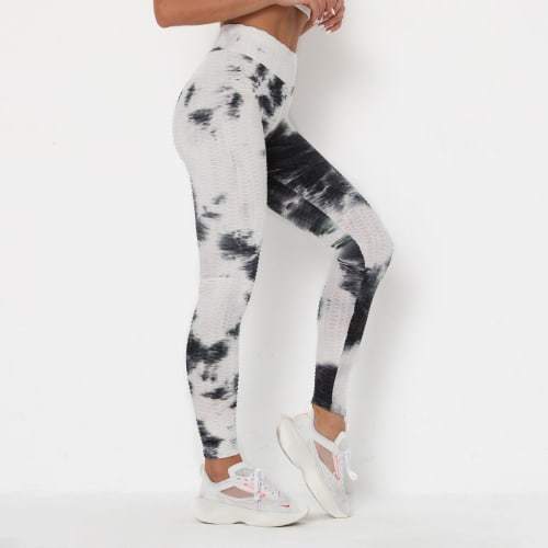 Textured Ruched Bum Gym Leggings - White with Blue/Black.