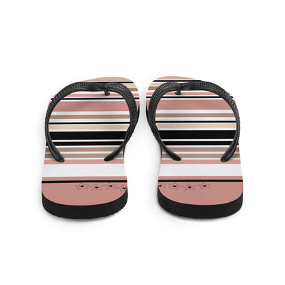 Striped Beige Black &amp; Cream Flower Detail Flip Flops. Beach Shoes