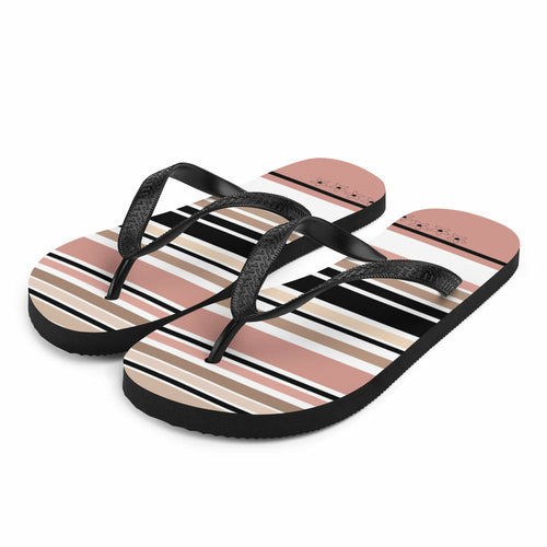 Striped Beige Black &amp; Cream Flower Detail Flip Flops. Beach Shoes