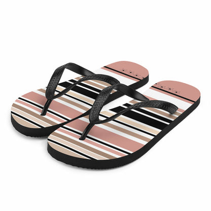 Striped Beige Black &amp; Cream Flower Detail Flip Flops. Beach Shoes