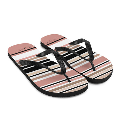 Striped Beige Black &amp; Cream Flower Detail Flip Flops. Beach Shoes