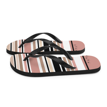 Striped Beige Black &amp; Cream Flower Detail Flip Flops. Beach Shoes
