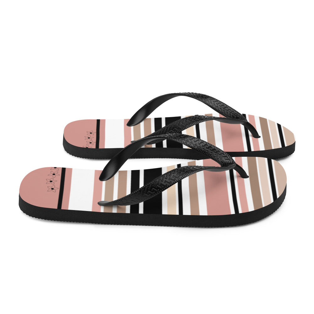 Striped Beige Black &amp; Cream Flower Detail Flip Flops. Beach Shoes