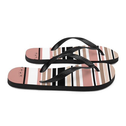 Striped Beige Black &amp; Cream Flower Detail Flip Flops. Beach Shoes