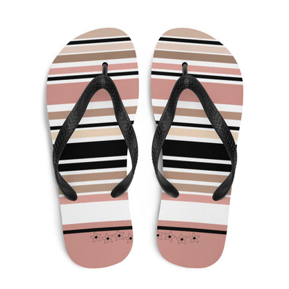 Striped Beige Black &amp; Cream Flower Detail Flip Flops. Beach Shoes