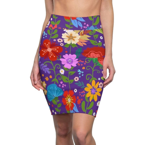 Womens Pencil Skirt, High Waist Stretch, Multicolor Floral Print,