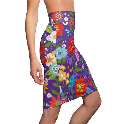 Womens Pencil Skirt, High Waist Stretch, Multicolor Floral Print,