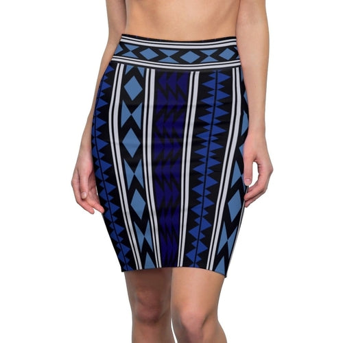 Womens Pencil Skirt, High Waist Stretch, Blue Aztec